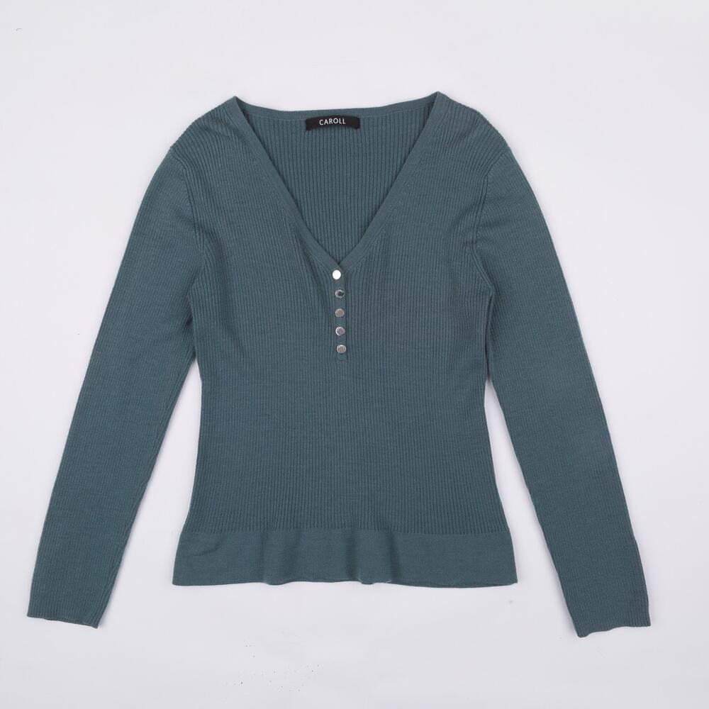 Caroll Womens Ribbed Henley Sweater V-Neck Logo Buttons Teal Fits approx. XS